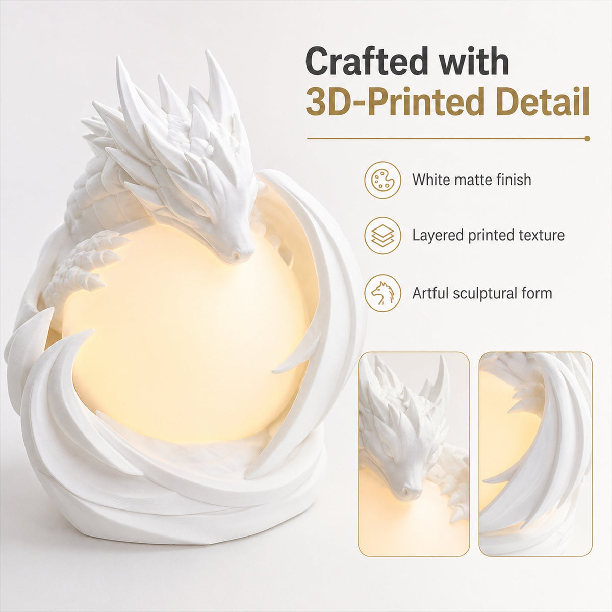 3D Printed Dragon Ambient Table Lamp, Warm Glow Decorative Night Light, Sculptural Desk Lamp For Bedroom, Bookshelf And Home Decor